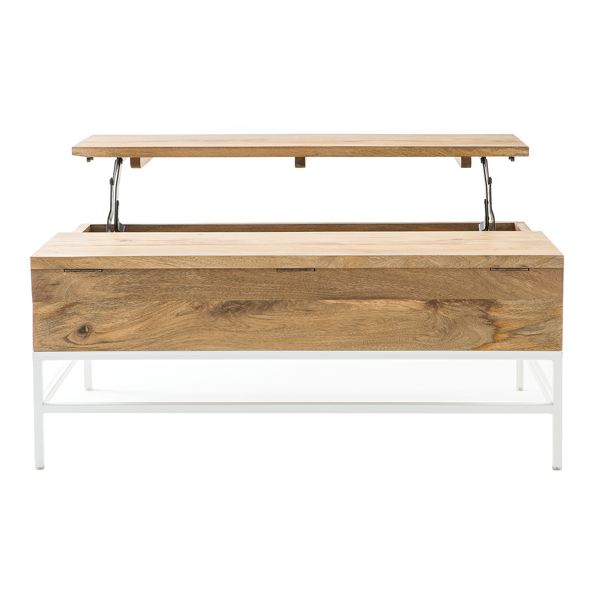 Table basse relevable rectangulaire bois clair manguier massif et métal blanc L110 cm BOHO vue1