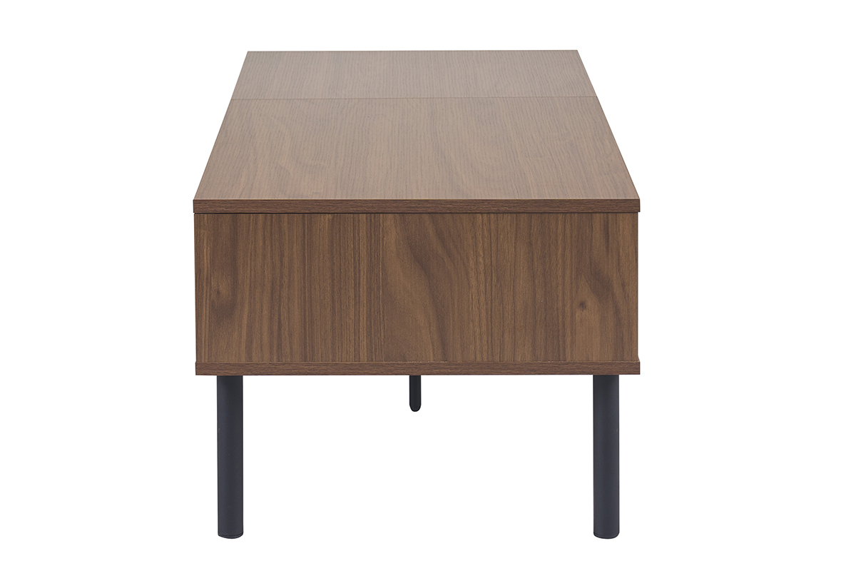 Table basse rectangulaire en bois fonc� vue de profil avec pieds en m�tal noir.