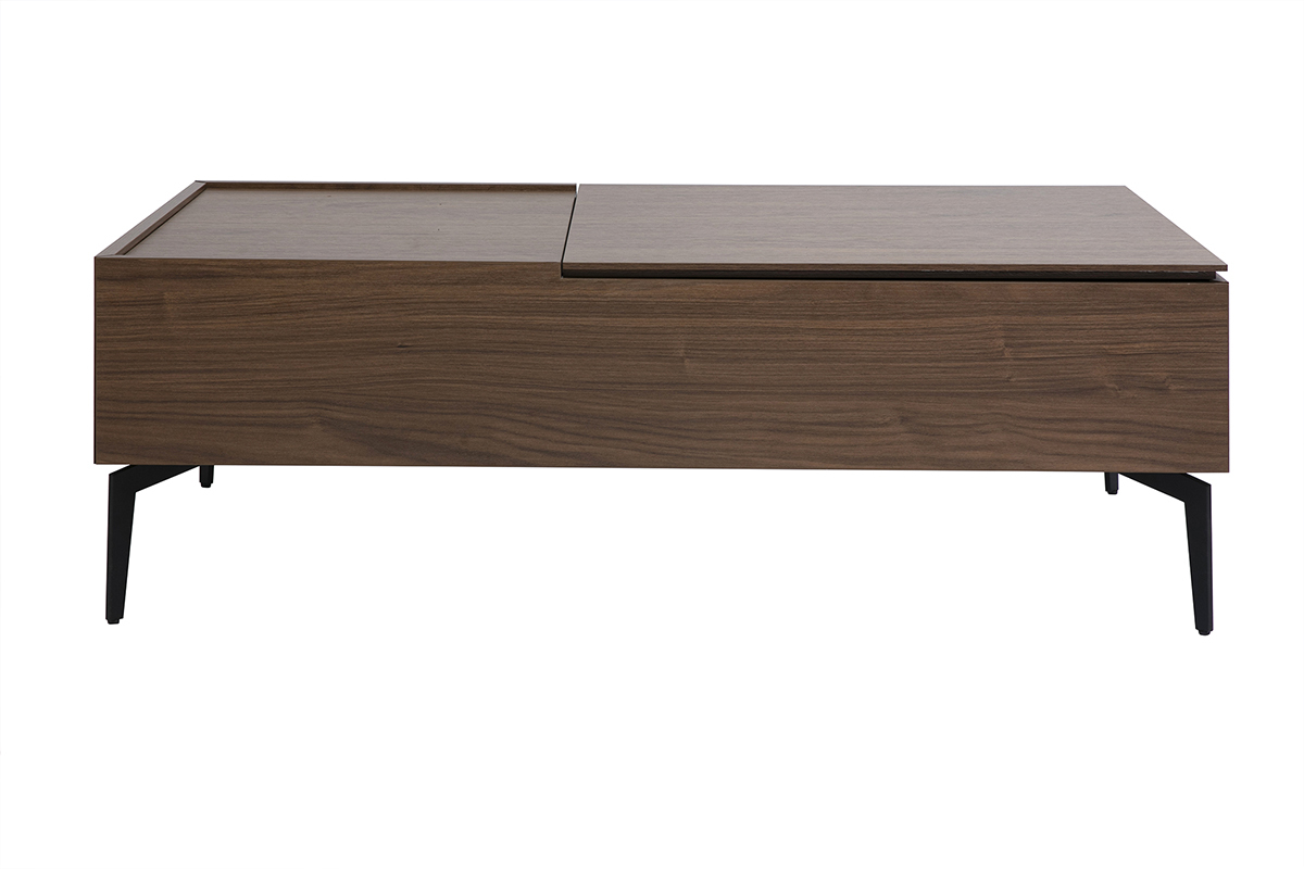 Table basse rectangulaire bois fonc, finition noyer, mtal noir, vue de face.