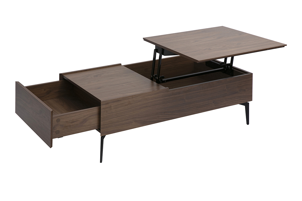 Table basse relevable en bois fonc avec tiroir et plateau amovible ouvert, pieds en mtal noir, vue de ct.