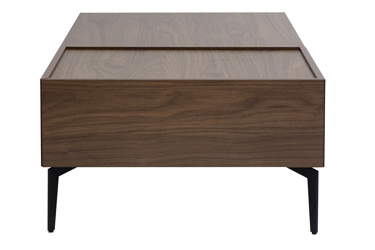 Table basse rectangulaire bois fonc finition noyer avec pieds mtal noir, vue de ct.