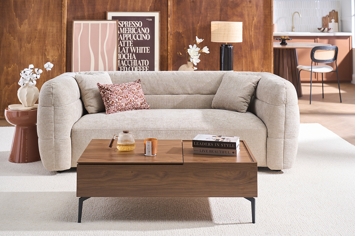 Table basse relevable rectangulaire bois fonc� finition noyer et m�tal noir L103 cm SEDA