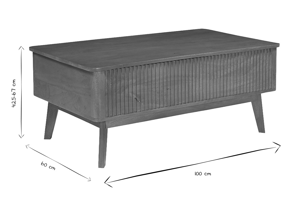 Dimensions de la table basse relevable ALDA en noir et blanc, L100 x P60 x H42,5-67 cm