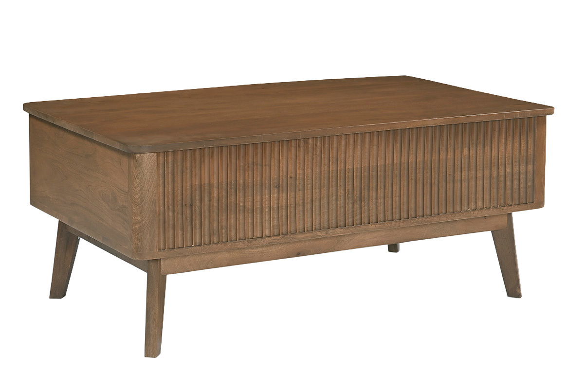 Table basse rectangulaire relevable en bois fonc� manguier massif, vue de 3/4.