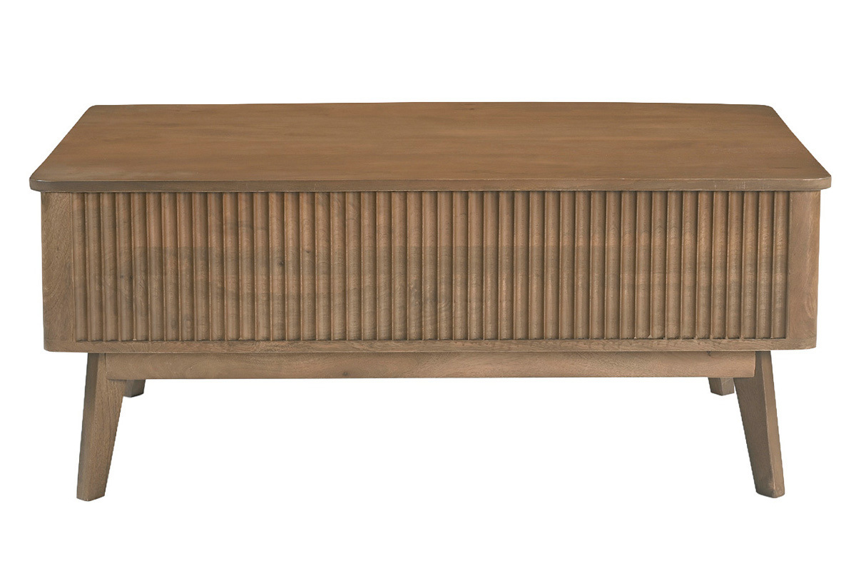 Table basse relevable rectangulaire en bois fonc� manguier massif, vue de face