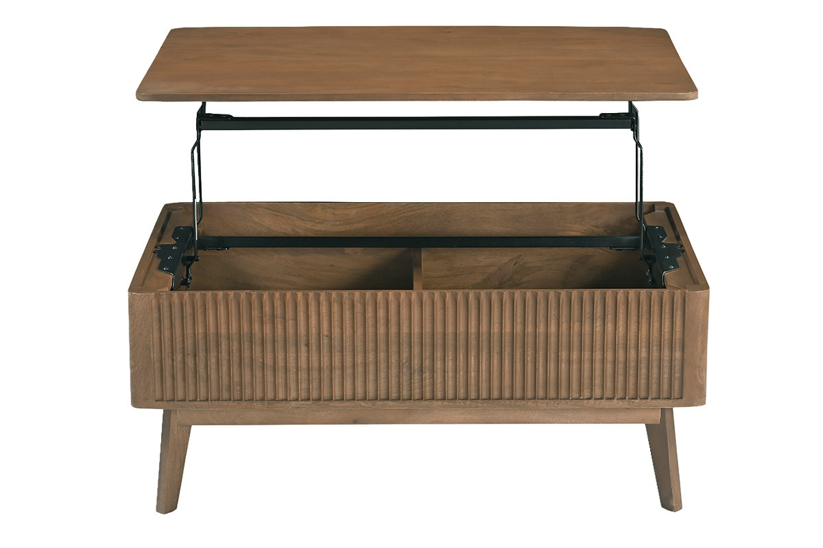 Table basse relevable rectangulaire en bois fonc� manguier massif, vue de face, avec plateau ouvert.