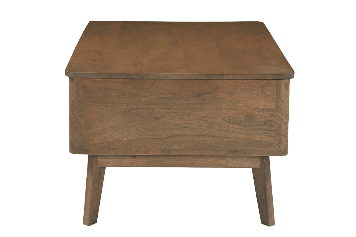 Vue de profil de la table basse relevable rectangulaire en bois fonc� manguier, dimensions L100 cm.