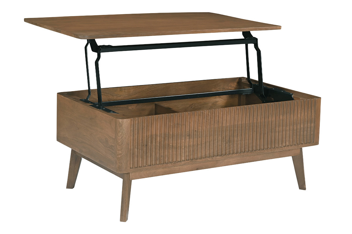 Table basse relevable rectangulaire en bois fonc� manguier massif, vue de trois quarts avec le plateau ouvert.