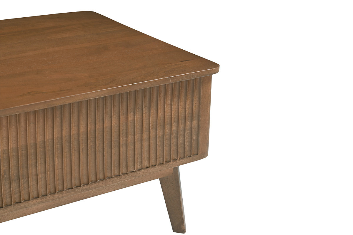 Table basse relevable rectangulaire en bois fonc� avec design contemporain, vue de c�t�.