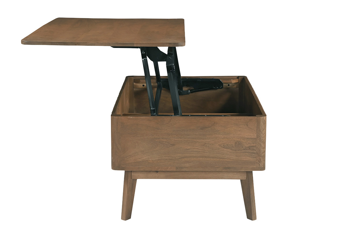 Table basse relevable rectangulaire en manguier massif, vue de profil, avec plateau en position �lev�e.