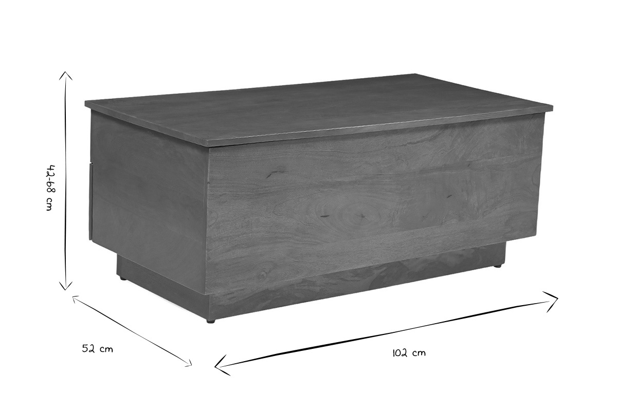 Dimensions de la table basse NEXO : 42-68 cm (hauteur), 52 cm (largeur), 102 cm (longueur) en noir et blanc.
