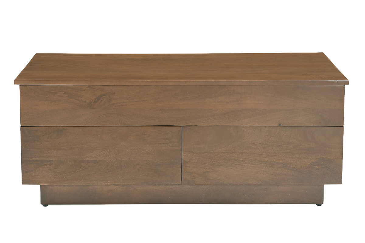 Table basse relevable rectangulaire en bois fonc� de manguier, vue de face avec tiroirs
