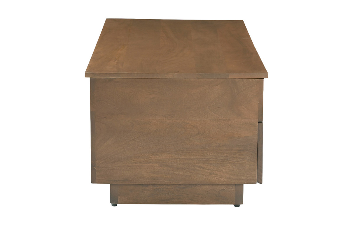 Table basse relevable rectangulaire en bois fonc� manguier massif, vue de profil.