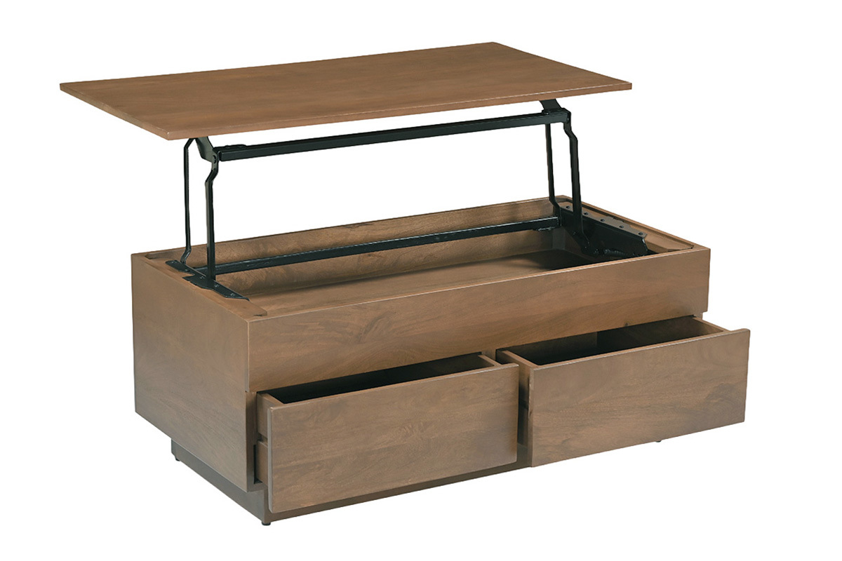 Table basse relevable rectangulaire en manguier massif avec tiroirs, vue de 3/4.