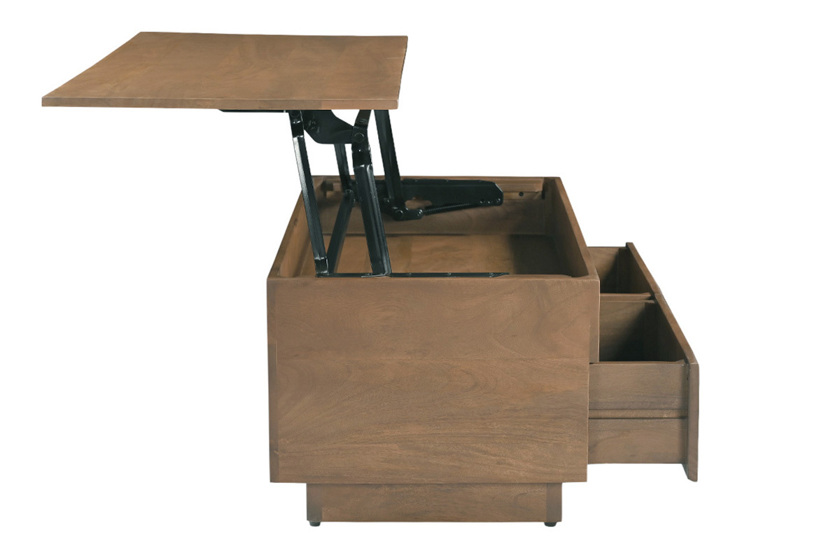 Table basse relevable en bois fonc� manguier, vue de profil avec tiroirs ouverts.