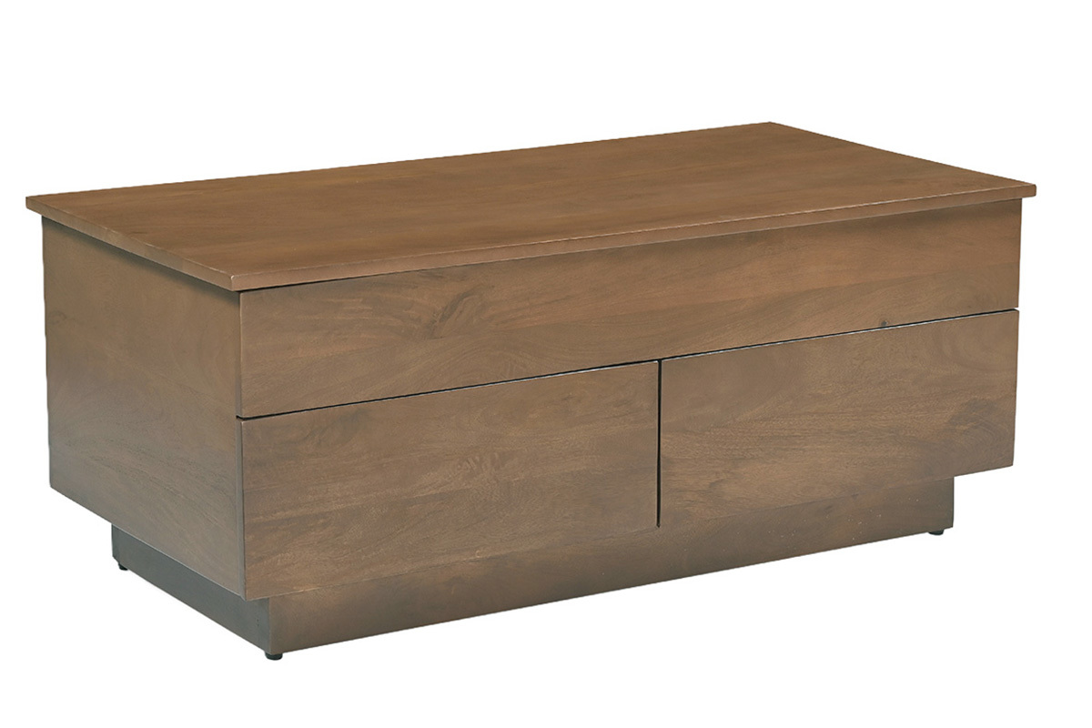 Table basse rectangulaire en bois fonc� manguier massif avec deux tiroirs, vue de 3/4.