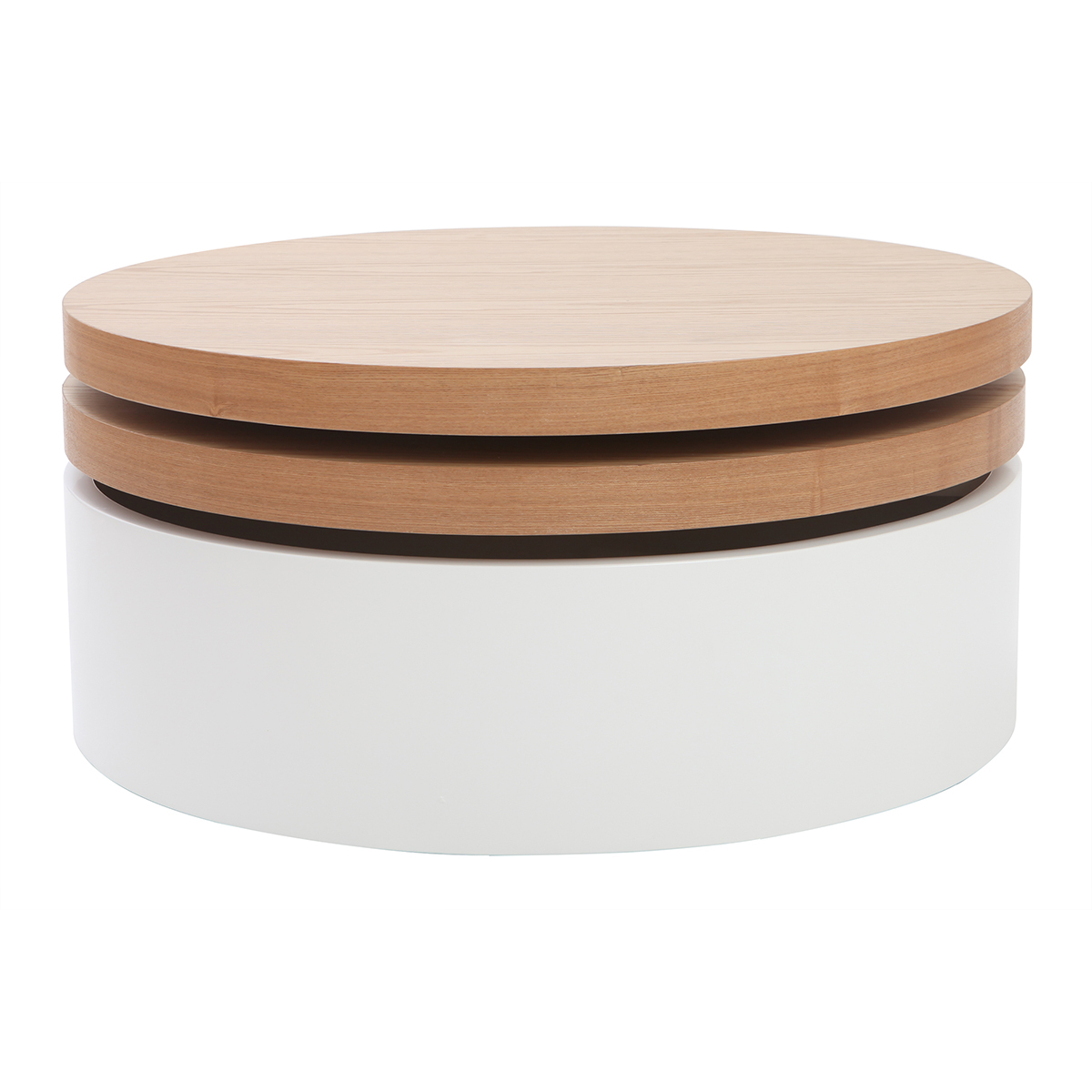 Table basse ronde avec plateaux pivotants et rangement blanc et bois clair chêne D80 cm ICON vue1