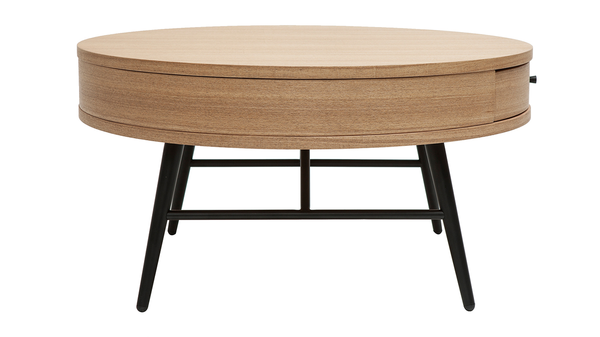 Table basse ronde avec tiroir bois clair et métal noir D82 cm KORAL