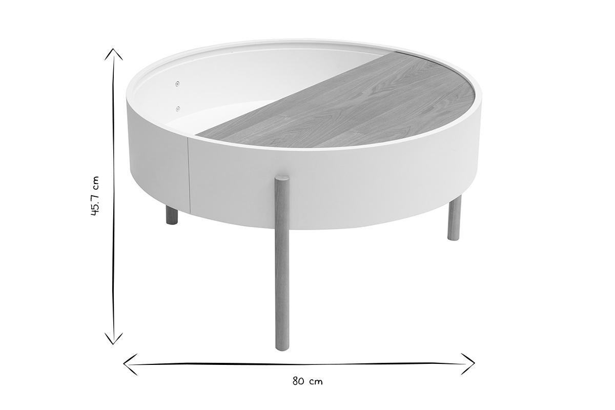 Table basse ronde D80 cm avec plateau pivotant, dimensions 45,7 cm de haut, vue en noir et blanc.