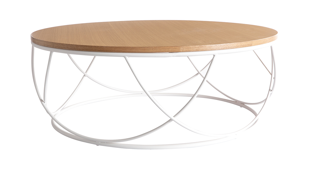 Table basse ronde bois clair chêne et métal blanc D80 cm LACE