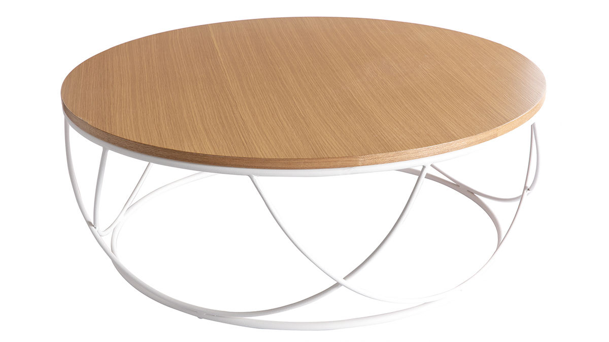 Table basse ronde bois clair chêne et métal blanc D80 cm LACE