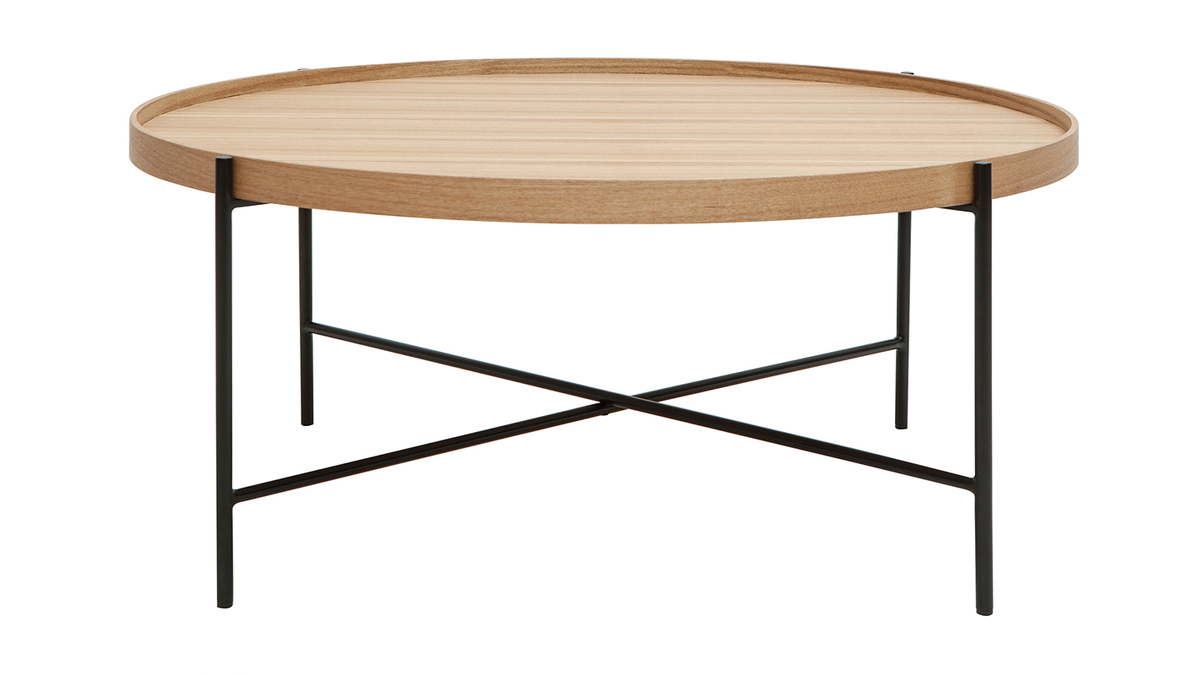 Table basse ronde bois clair et métal noir D90 cm BASSY