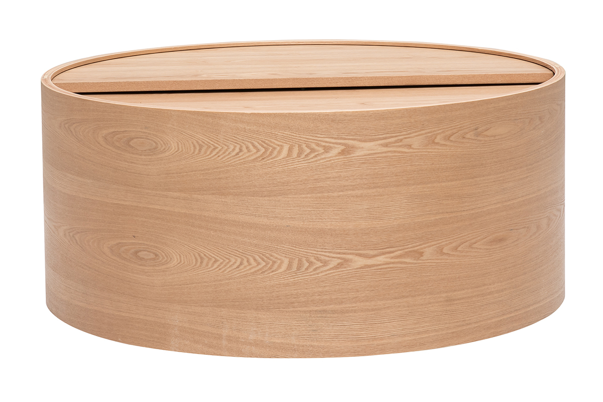 Table basse ronde en bois clair avec plateau pivotant, vue de face.