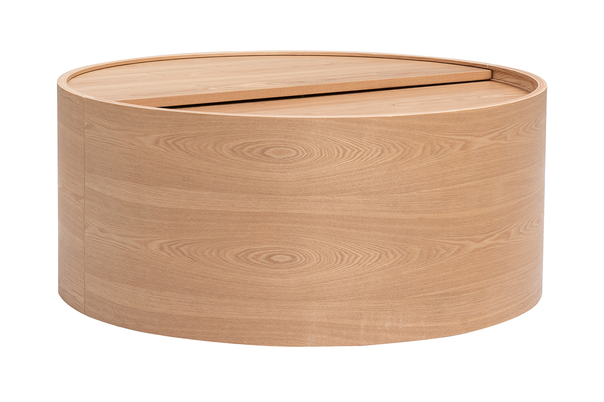 Table basse ronde en bois clair fr�ne avec plateau pivotant et espace de rangement, vue de 3/4.
