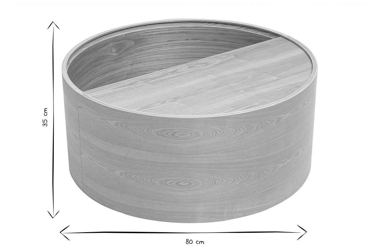 Table basse ronde en bois clair avec dimensions, 80 cm de diam�tre, 35 cm de hauteur, vue de dessus.