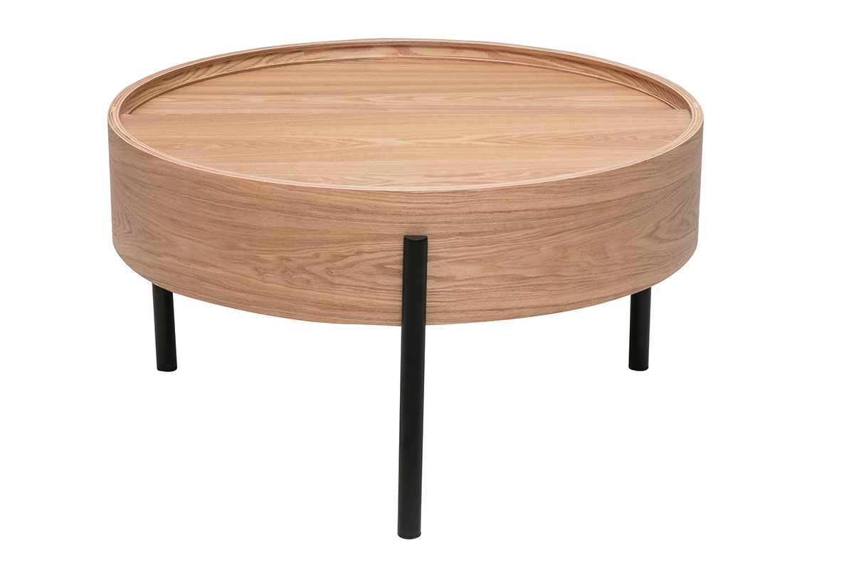 Table basse ronde en bois clair avec pieds en m�tal noir, vue de dos.