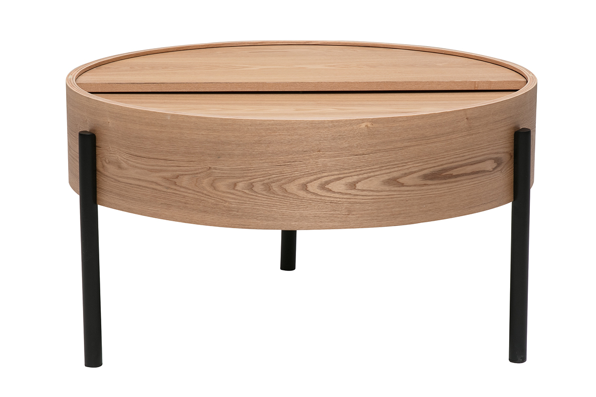 Table basse ronde en bois clair avec pieds en m�tal noir, vue de face.