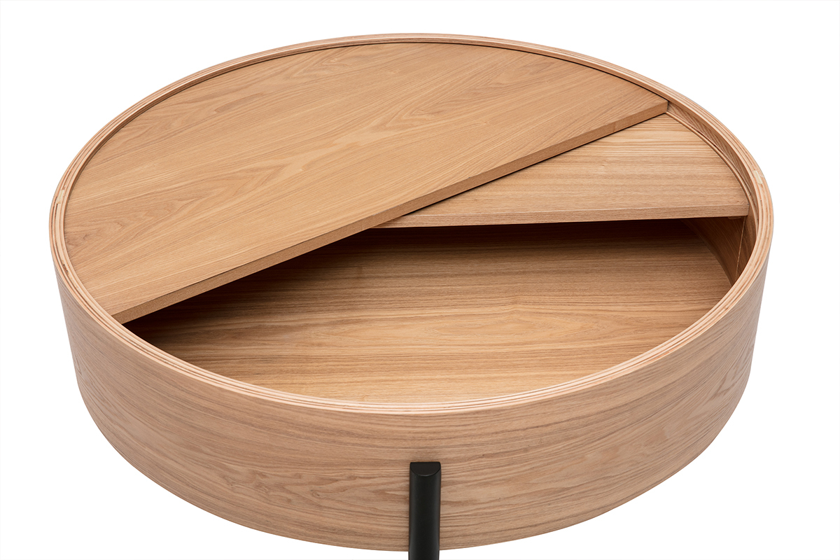 Table basse ronde bois clair avec plateau pivotant ouvert, vue de dessus.