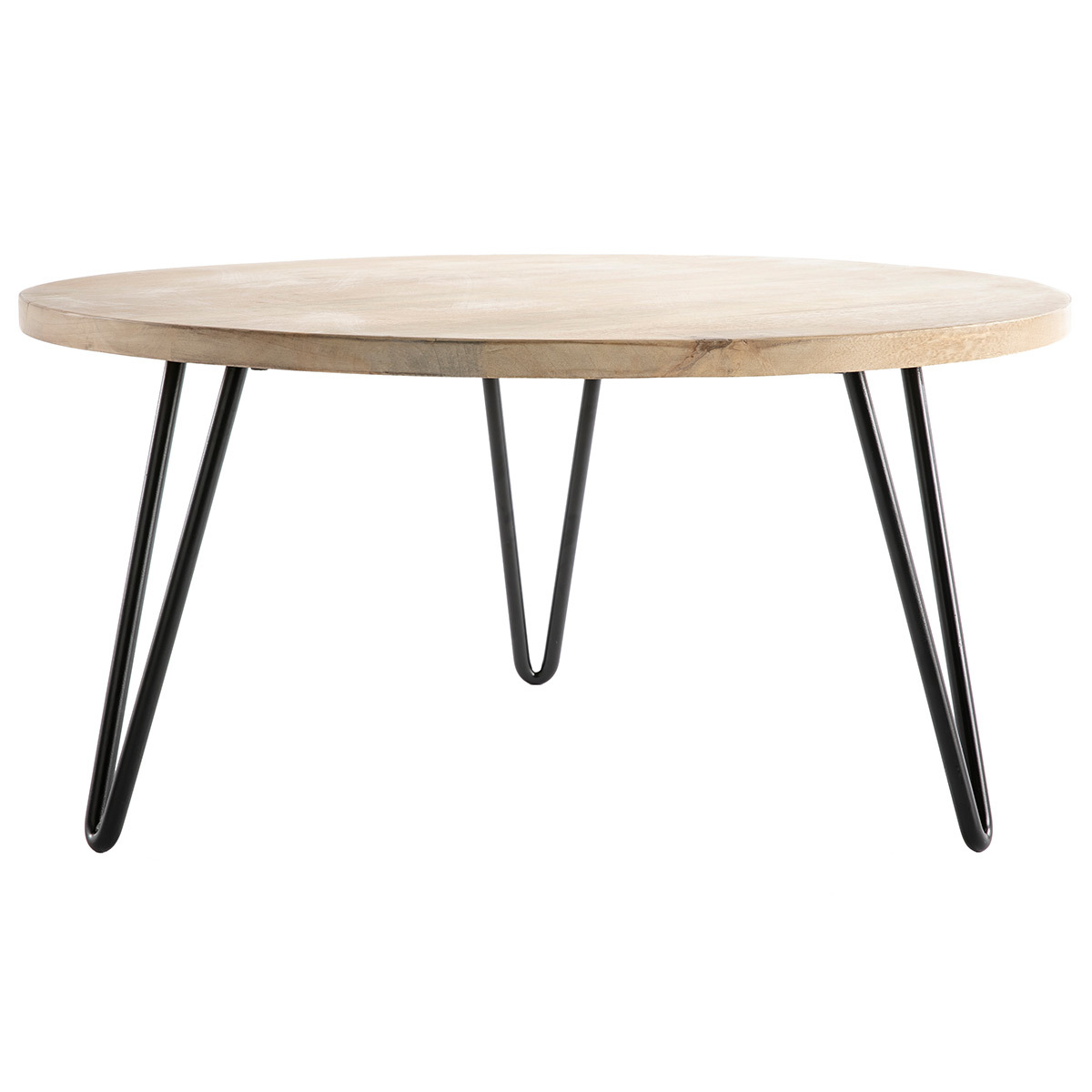 Table basse ronde bois clair manguier massif et métal noir D80 cm VIBES vue1