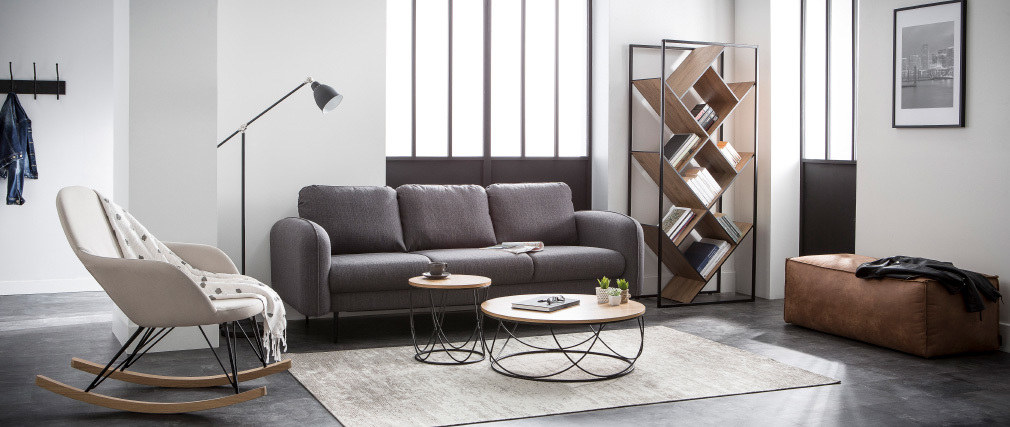 Table basse ronde bois et m�tal noir D80 x H30 cm LACE