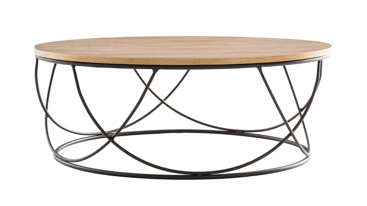Table basse ronde bois et métal noir D80 x H30 cm LACE - Miliboo