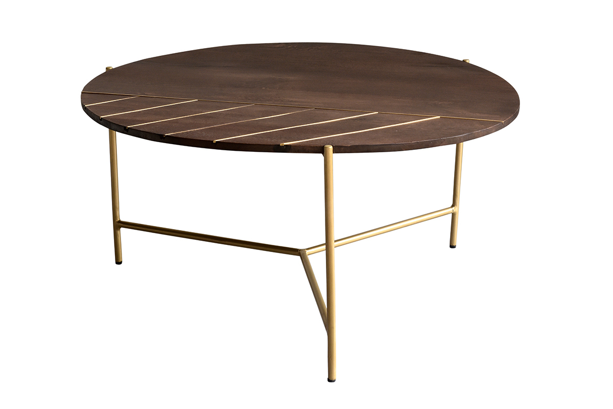 Table basse ronde bois fonc� manguier massif et laiton D90 cm SILLON