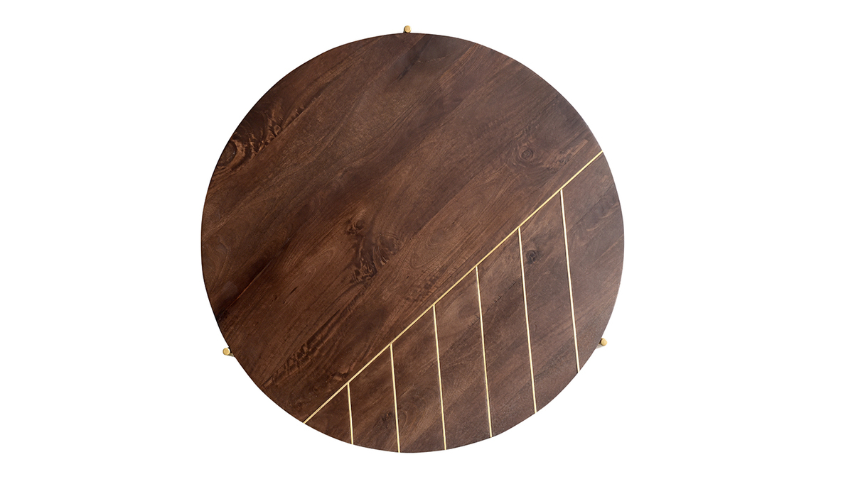 Table basse ronde bois foncé manguier massif et laiton D90 cm SILLON