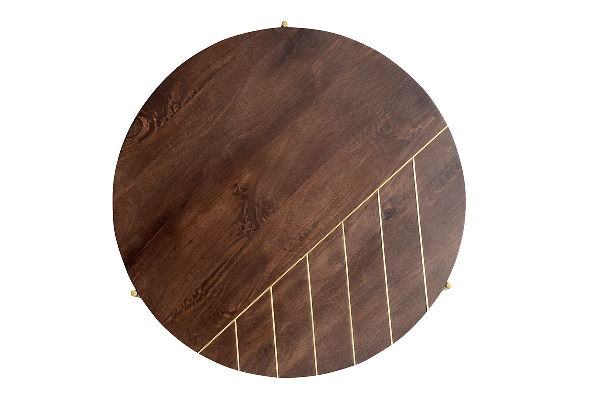 Table basse ronde bois fonc� manguier massif et laiton D90 cm SILLON