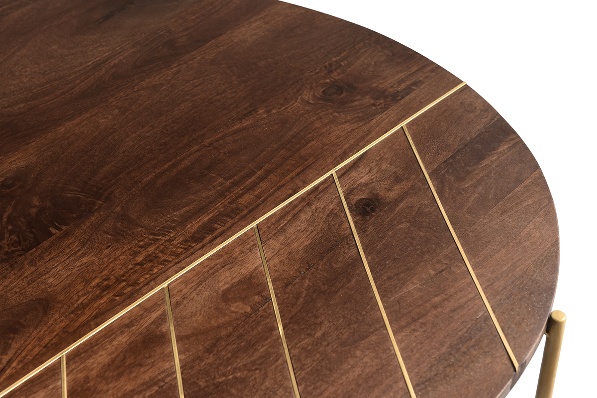 Table basse ronde bois fonc� manguier massif et laiton D90 cm SILLON