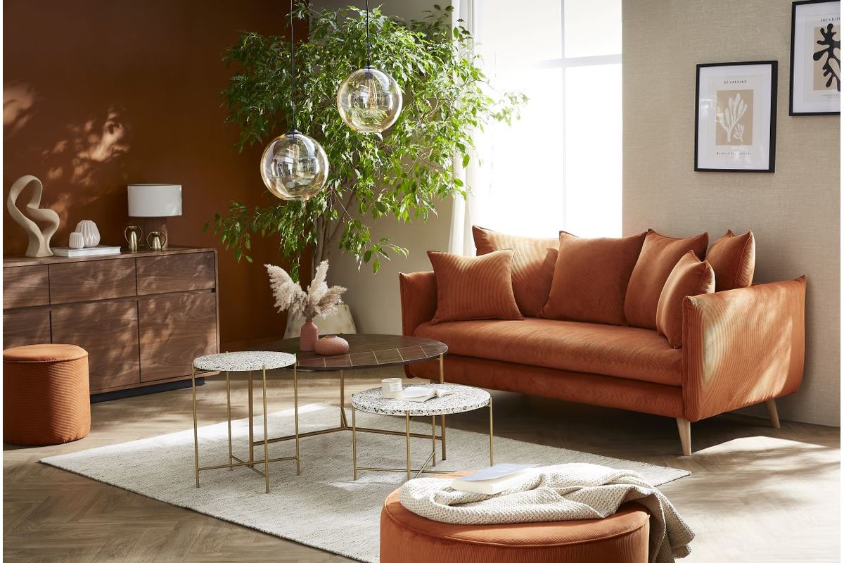 Table basse ronde bois fonc� manguier massif et laiton D90 cm SILLON