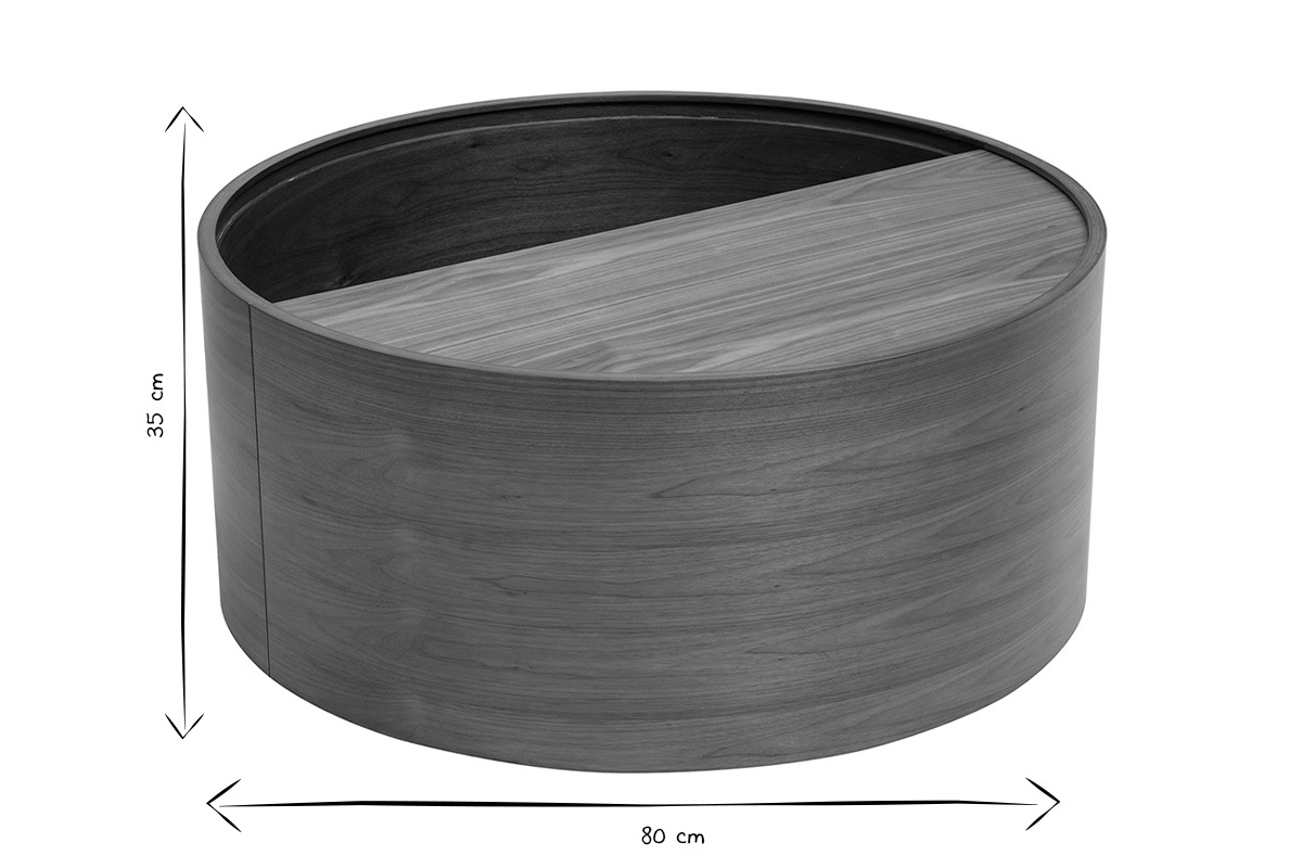 Dimensions de la table basse ronde D80 cm en noir et blanc, avec rangement et plateau pivotant.