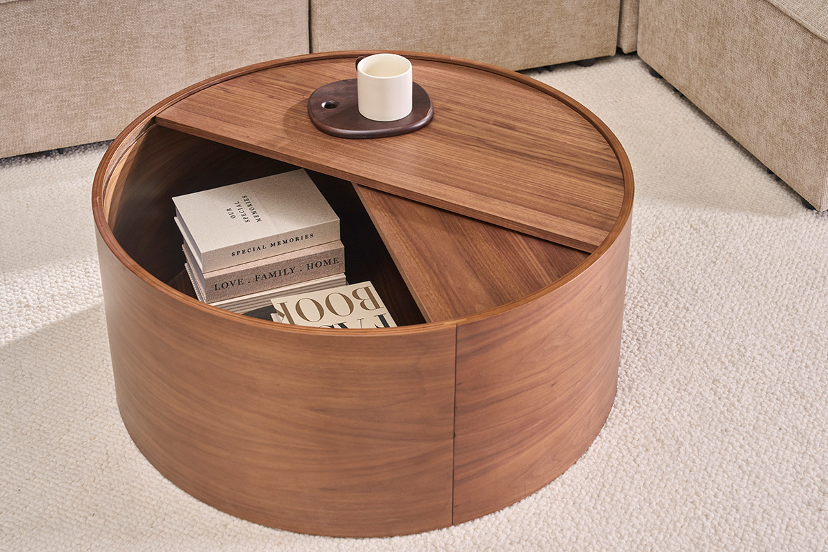 Table basse ronde bois fonc� noyer avec plateau pivotant et rangement D80 cm DALI