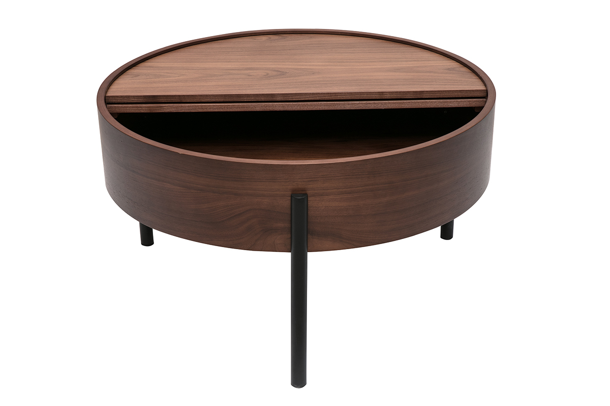 Table basse ronde en bois fonc� avec plateau pivotant et pieds m�talliques noirs, vue de dessus.