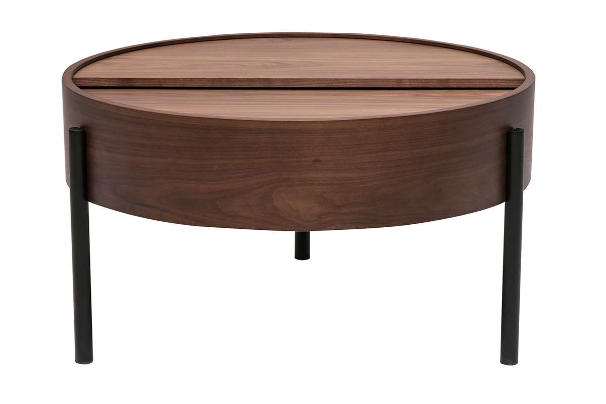 Table basse ronde en bois noyer avec plateau pivotant et pieds en m�tal noir, vue de face.