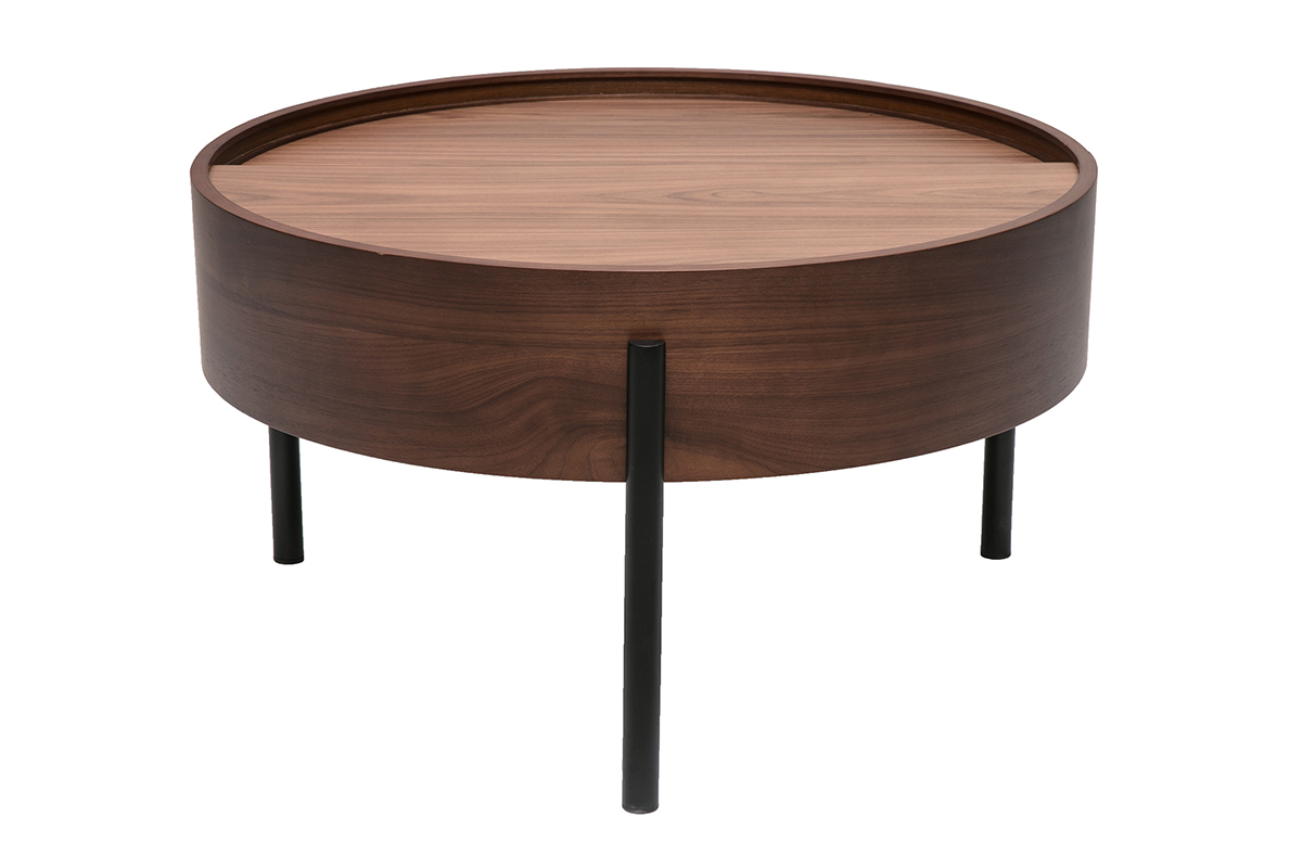 Table basse ronde en bois fonc� noyer avec pieds en m�tal noir, vue de dos.
