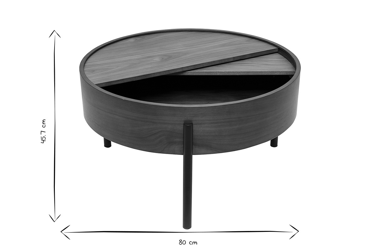Table basse ronde noire avec plateau pivotant, dimensions 80 cm de diam�tre et 45,7 cm de hauteur, vue de c�t�.