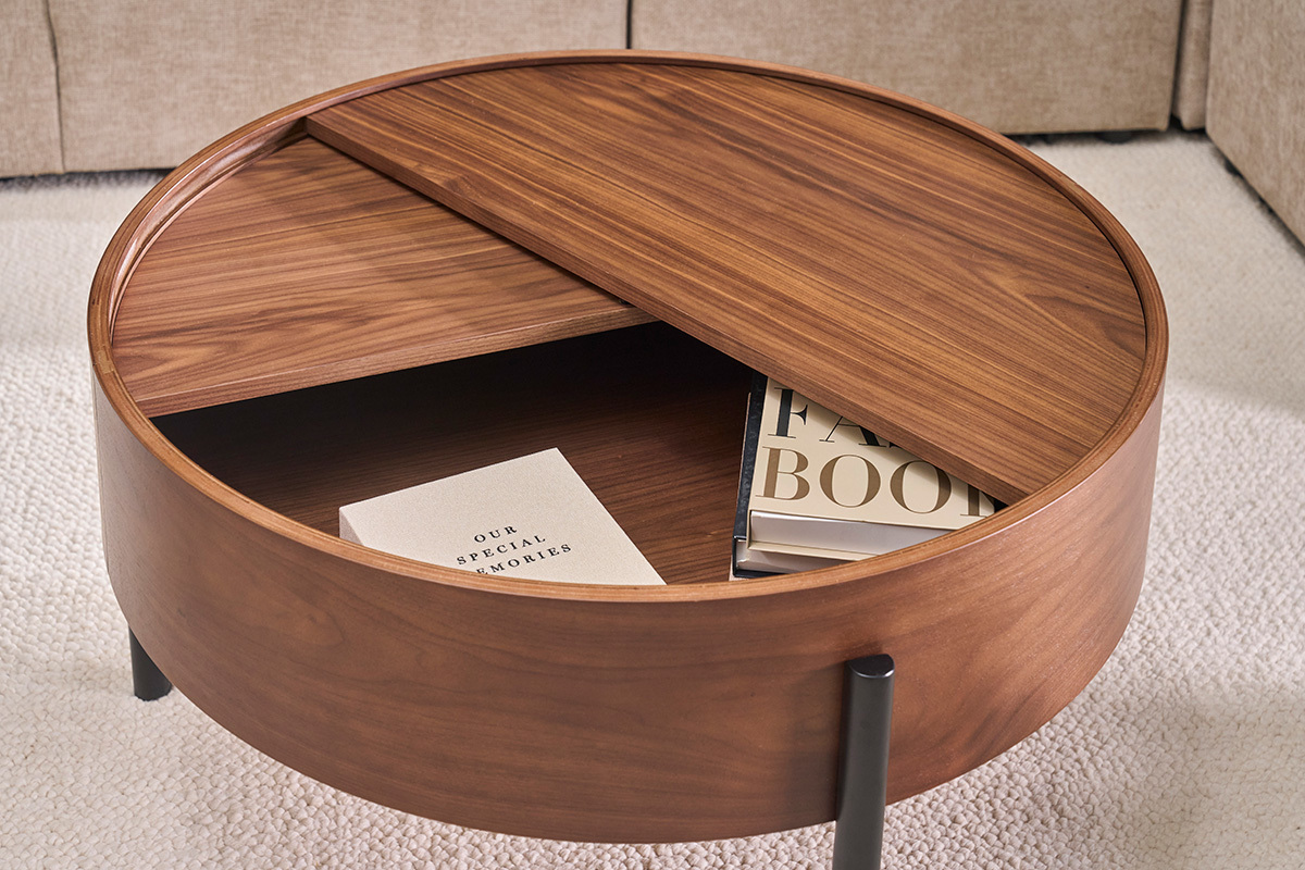 Table basse ronde bois fonc� noyer et m�tal noir avec plateau pivotant et rangement D80 cm YOLINE