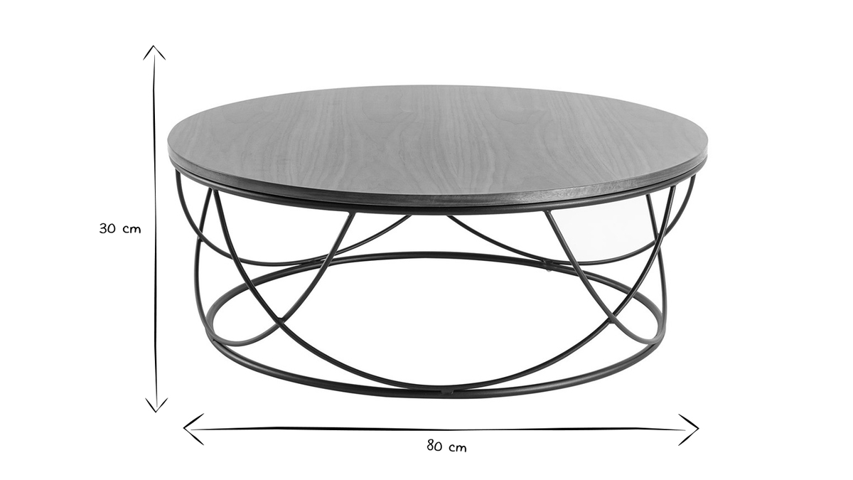 Table basse ronde bois foncé noyer et métal noir D80 cm LACE