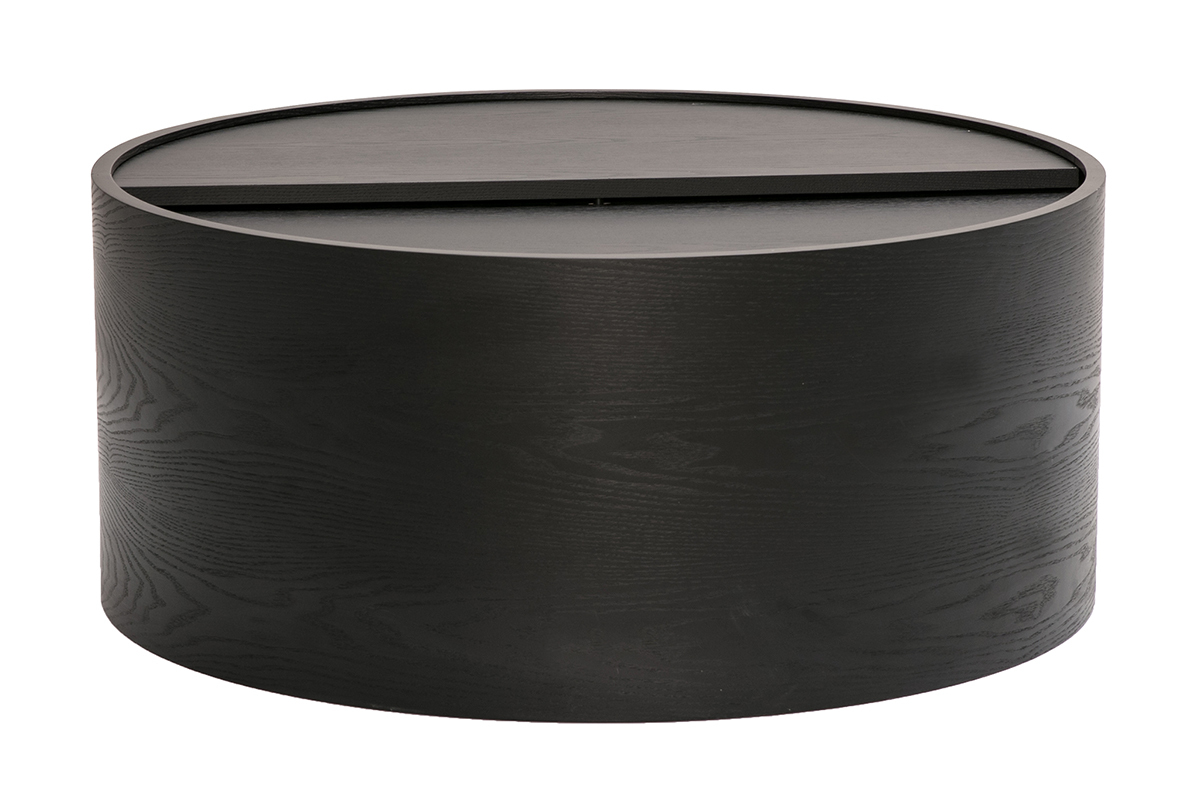 Table basse ronde noire en bois avec plateau pivotant.