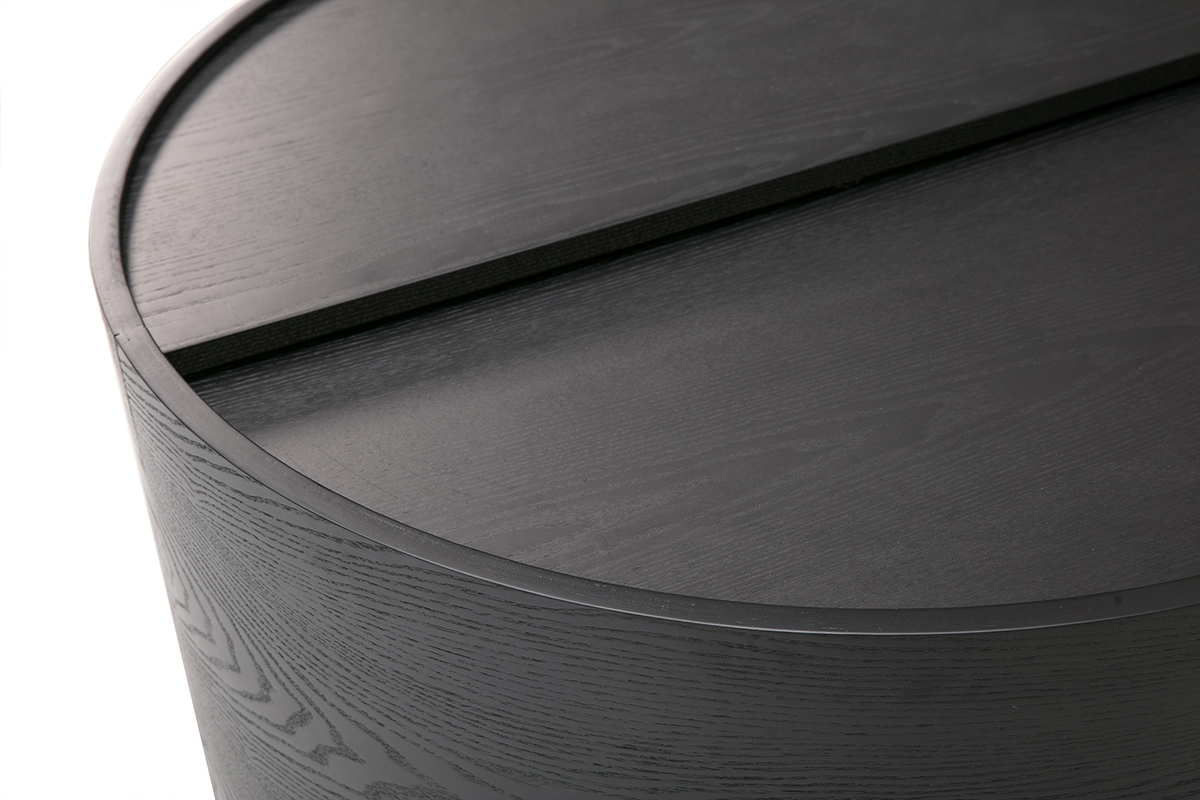 Table basse ronde en bois noir avec plateau pivotant, vue rapproch�e du plateau.